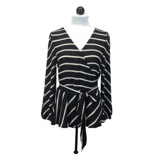 Loft Wrap Top Womens Size M Black/Tan/White Striped V-Neck Ruffle Business Casul